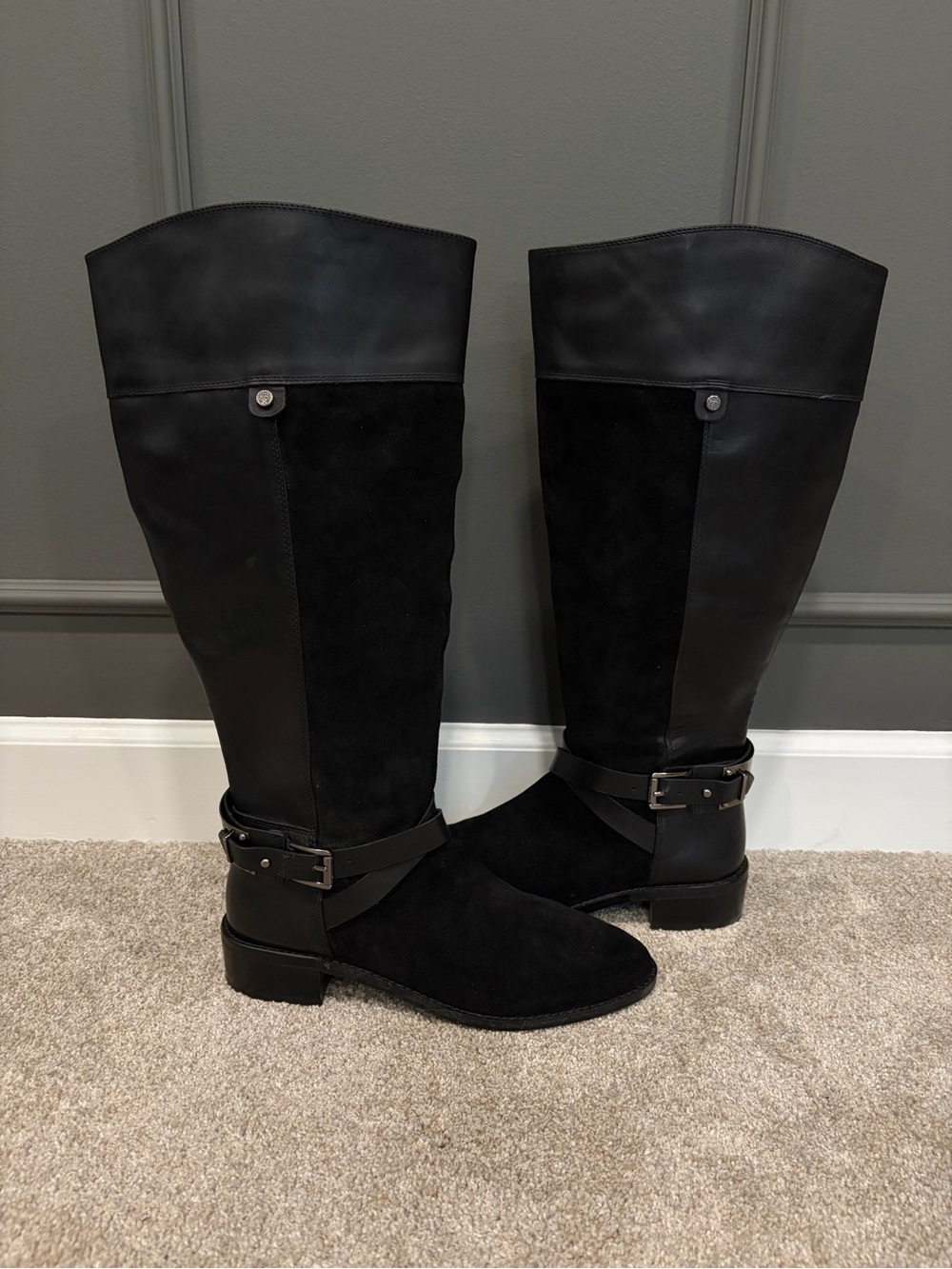 Vince Camuto Jaran Riding Boot Womens 9 Tall Black Leather Suede Silver Hardware